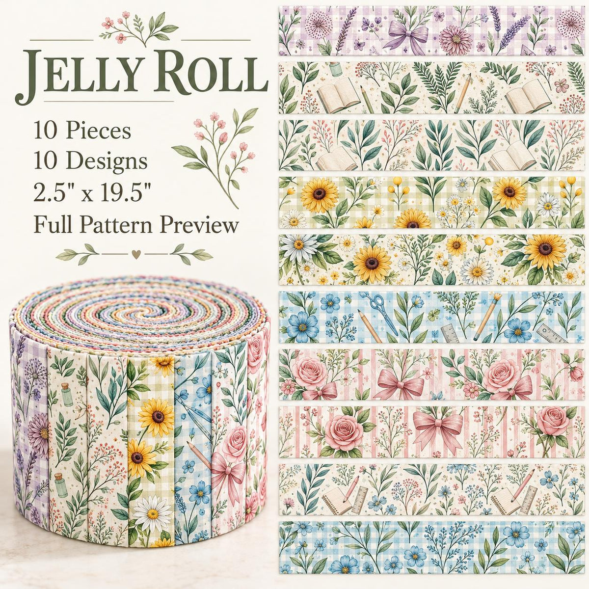 10pcs Vintage Floral Pattern Jelly Roll Fabric Strips 2.5X19.7inch Pre-Cut 100% Polyester For Patchwork Quilts, Table Runners, Placemats, Tote Bags, Storage Pouches, Makeup Bags, Coasters, Quilt Blocks & Binding