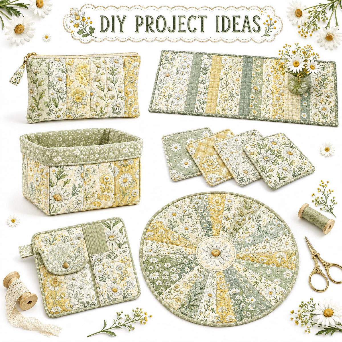 10pcs Vintage Daisy Floral Pattern Jelly Roll Fabric Strips 2.5X19.7inch Pre-Cut 100% Polyester For Patchwork Quilts, Table Runners, Placemats, Tote Bags, Storage Pouches, Makeup Bags, Coasters, Quilt Blocks & Binding