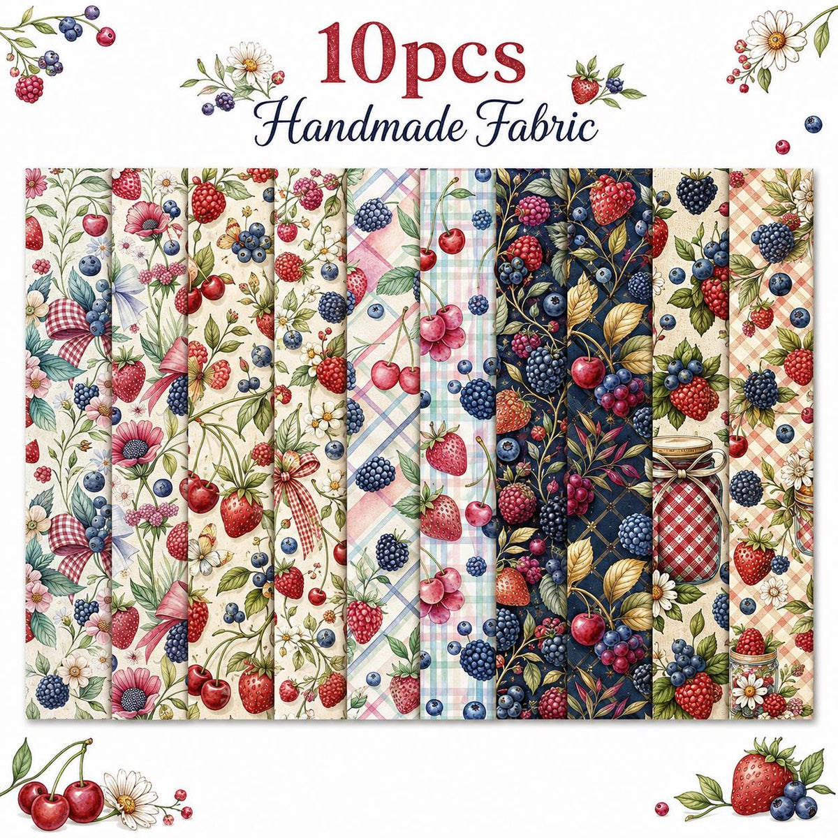 10pcs Vintage Strawberry Blueberry Floral Pattern Jelly Roll Fabric Strips 2.5X19.7inch Pre-Cut 100% Polyester For Patchwork Quilts, Table Runners, Placemats, Tote Bags, Storage Pouches, Makeup Bags, Coasters, Quilt Blocks & Binding