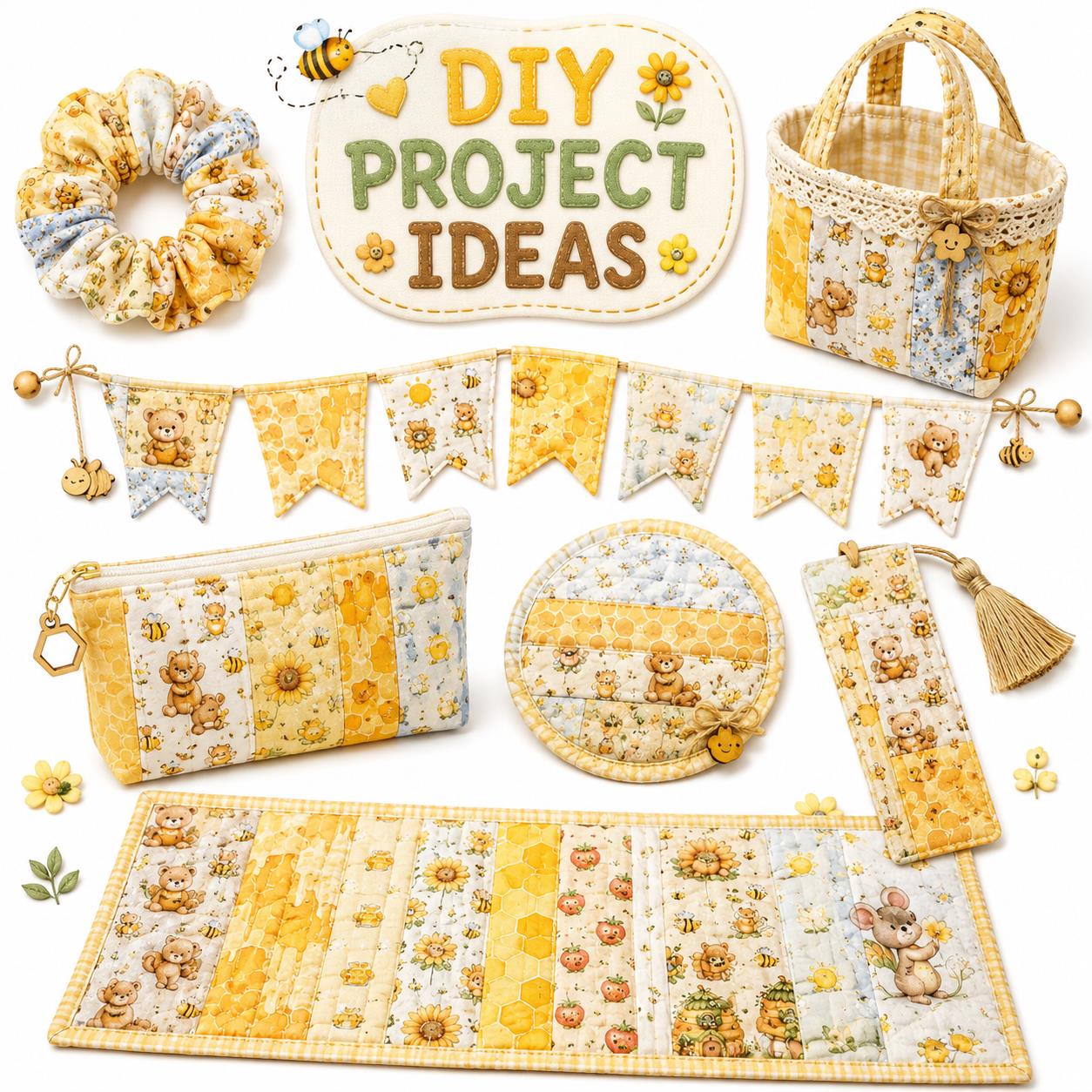 10Pc/Set, Making 10 Images 1pc Each, Each Size: 6.3*50cm Bear Honey Yellow Series Sliced Fabric Set Style Combination, Polyester Jelly Roll Fabric Strips, Pre-Cut Quilting Squares, For Quilting DIY, Handicrafts And Sewing, Blankets, Rugs
