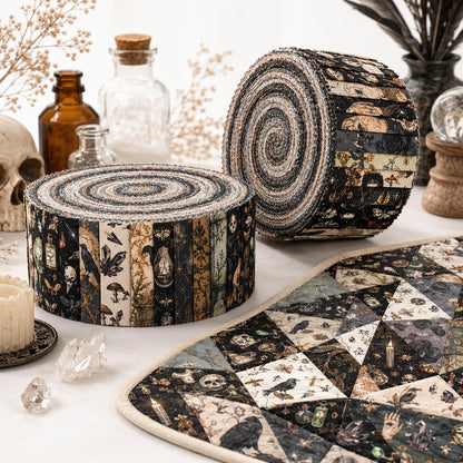 10pcs Vintage Skull Crow Black Pattern Jelly Roll Fabric Strips 2.5X19.7inch Pre-cut 100% Polyester for Patchwork Quilts, Table Runners, Placemats, Tote Bags, Storage Pouches, Makeup Bags, Coasters, Quilt Blocks & Binding
