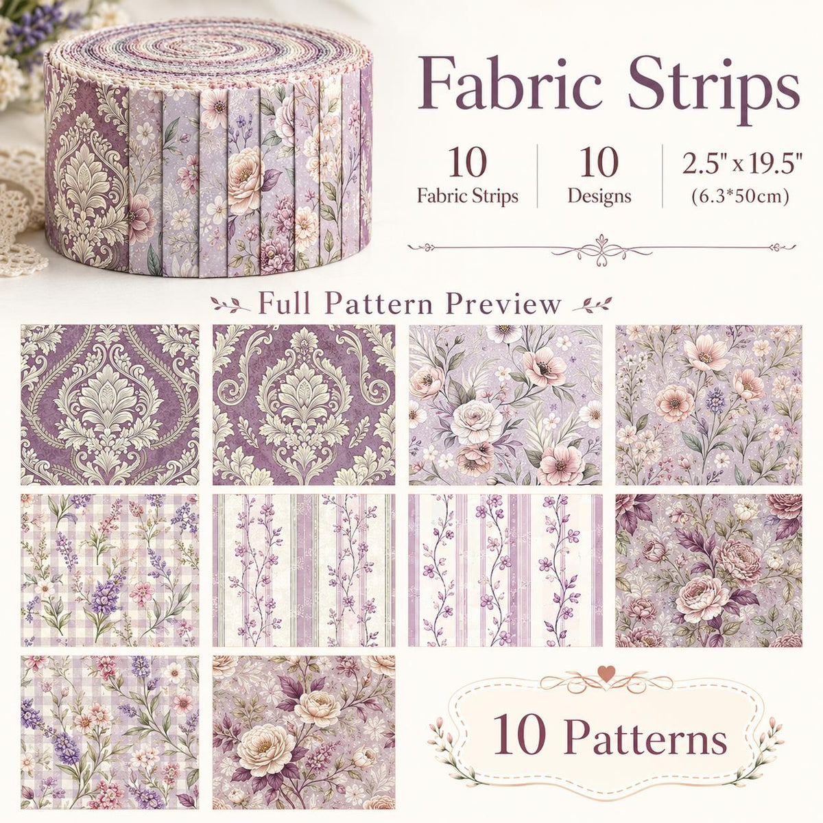 10pcs Vintage Floral Burgundy Pattern Jelly Roll Fabric Strips 2.5X19.7inch Pre-Cut 100% Polyester For Patchwork Quilts, Table Runners, Placemats, Tote Bags, Storage Pouches, Makeup Bags, Coasters, Quilt Blocks & Binding