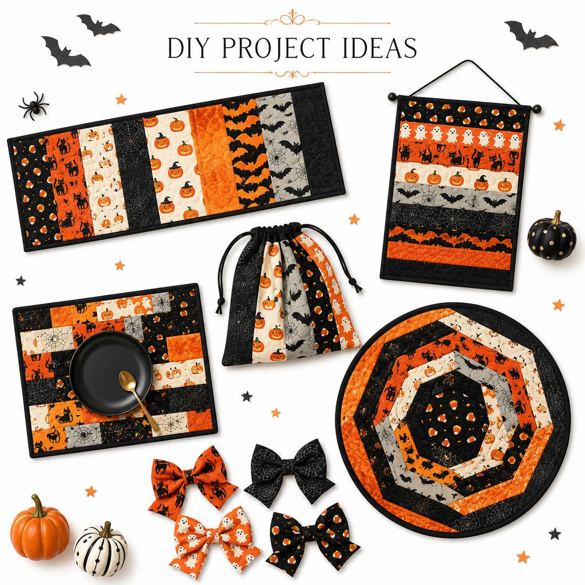 10Pc/Set, Making 10 Images 1pc Each, Each Size: 6.3*50cm Bat Pumpkin Ghost Halloween Series Sliced Fabric Set Style Combination, Polyester Jelly Roll Fabric Strips, Pre-Cut Quilting Squares, For Quilting DIY, Handicrafts And Sewing, Blankets, Rugs, Interi