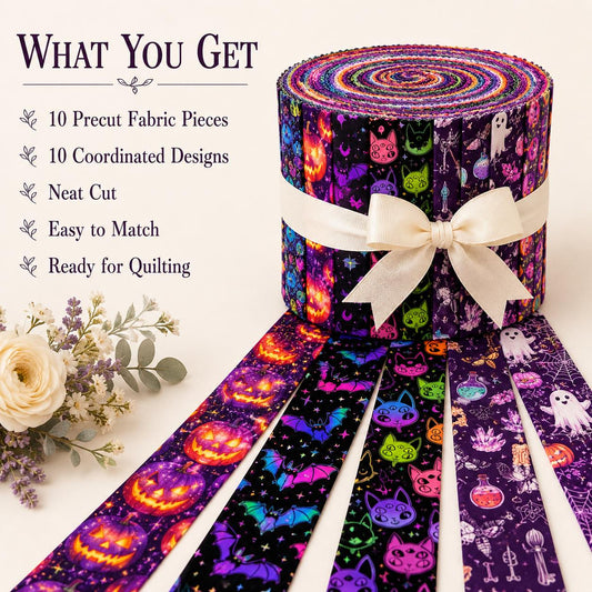 10pcs Vintage Ghost Skull Bat Halloween Theme Jelly Roll Fabric Strips 2.5X19.7inch Pre-Cut 100% Cotton For Patchwork Quilts, Table Runners, Placemats, Tote Bags, Storage Pouches, Makeup Bags, Coasters, Quilt Blocks & Binding
