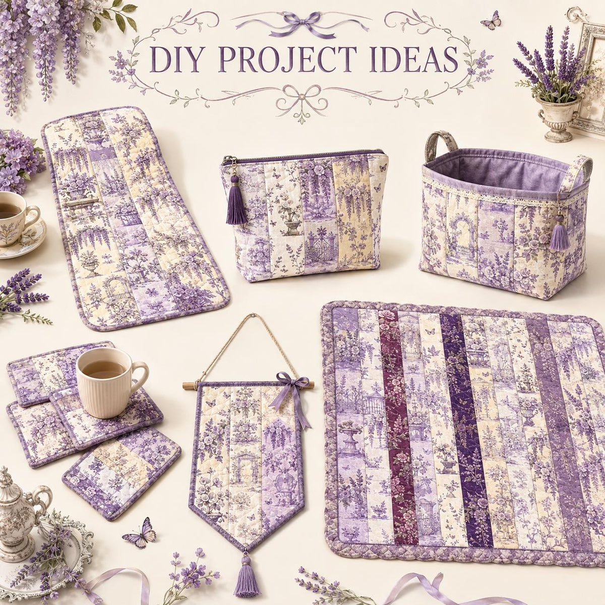 10pcs Vintage Lavender Floral Pattern Jelly Roll Fabric Strips 2.5X19.7inch Pre-Cut 100% Polyester For Patchwork Quilts, Table Runners, Placemats, Tote Bags, Storage Pouches, Makeup Bags, Coasters, Quilt Blocks & Binding