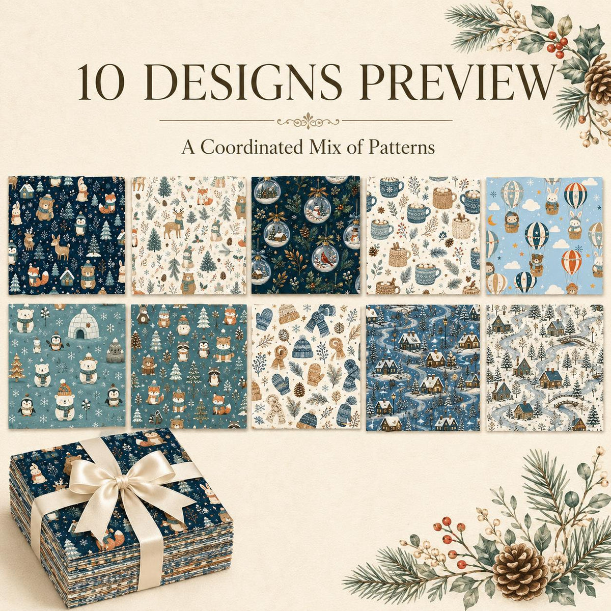 10Pc/Set Christmas Series Heart Star Rabbit Deer Fox Penguin Bear Holly Pinecones Seal Fire Balloon Fat Quarter Fabric, Pre-Cut Square Fabric Assort, Fabric Set, Craft Fabric, Handmade DIY Patchwork Fabric,Home Quilting Sewing Fabric, Packaging Fabric, Sc