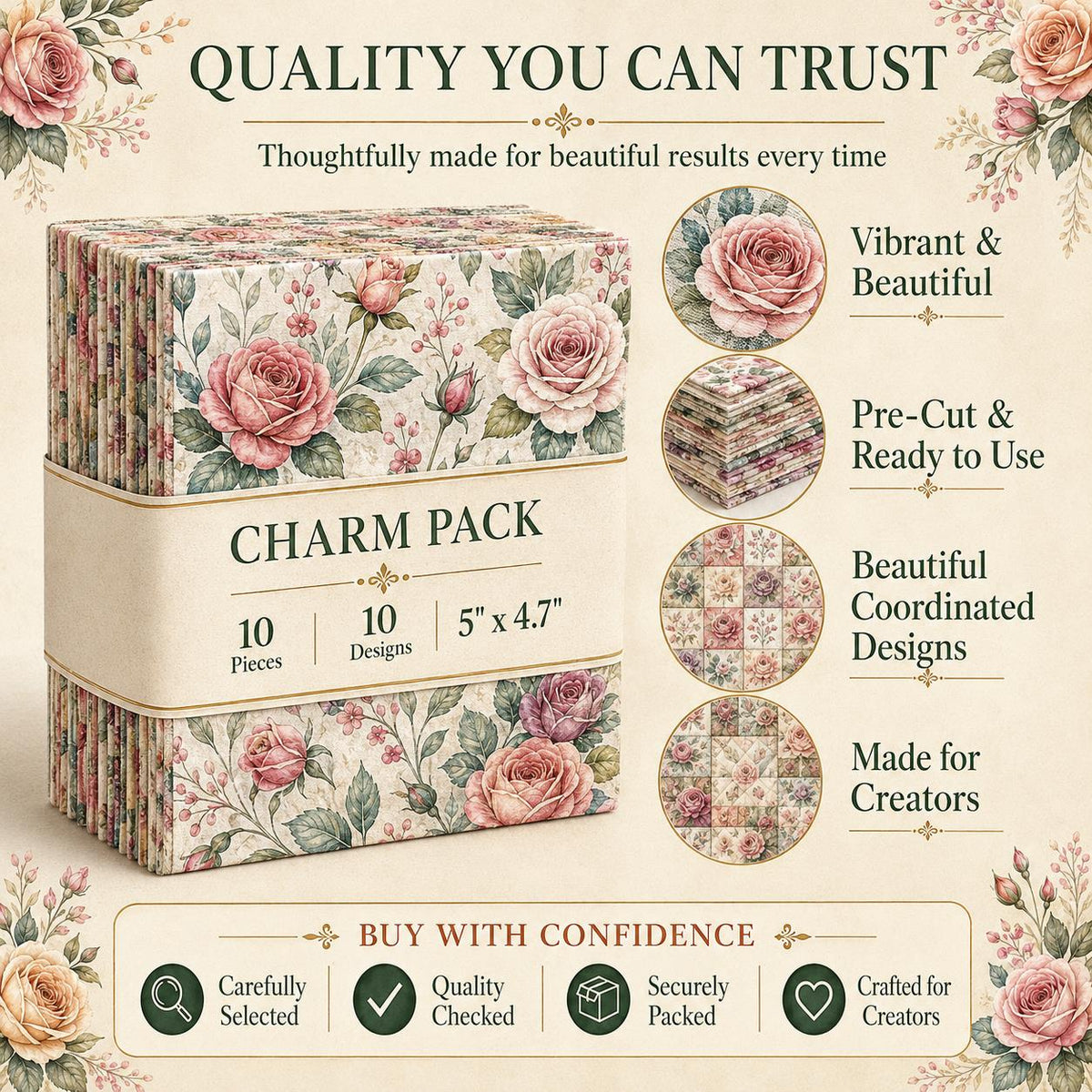10pcs Charm Pack Set Floral Pattern Vintage Style Handmade DIY with Rich Color and Texture Elements 100% Polyester Patchwork in 10 Design Styles Suitable for Patchwork DIY Craft Projects DIY Wallet Making Gift Giving Bag Making Mother's Day Gift