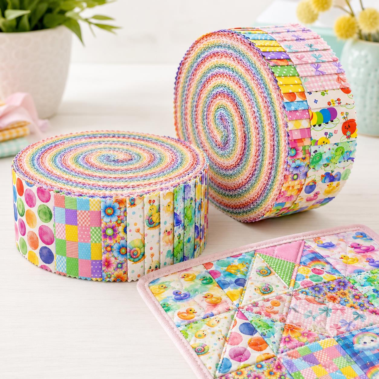 10Pc/Set, Making 10 Images 1pc Each, Each Size: 6.3*50cm Caterpillar Frog Duck Series Sliced Fabric Set Style Combination, Polyester Jelly Roll Fabric Strips, Pre-Cut Quilting Squares, For Quilting DIY, Handicrafts And Sewing, Blankets, Rugs