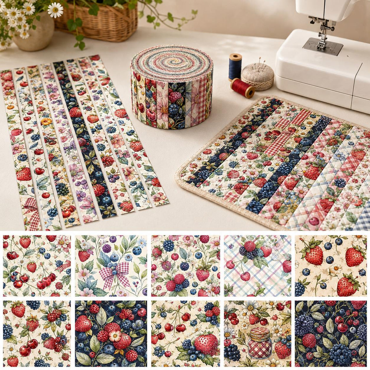 10pcs Vintage Strawberry Blueberry Floral Pattern Jelly Roll Fabric Strips 2.5X19.7inch Pre-Cut 100% Polyester For Patchwork Quilts, Table Runners, Placemats, Tote Bags, Storage Pouches, Makeup Bags, Coasters, Quilt Blocks & Binding