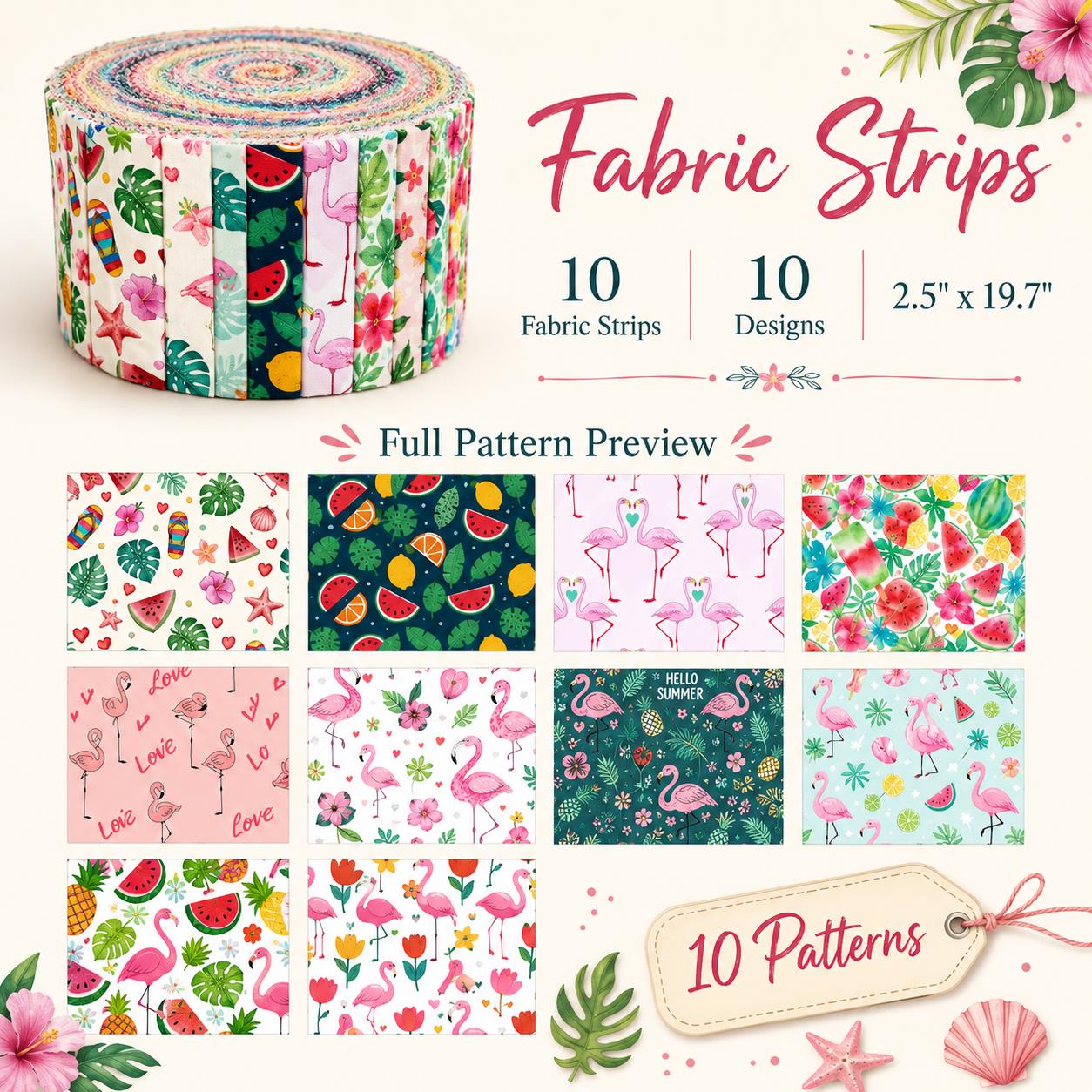 10Pc/Set, Making 10 Images 1pc Each, Each Size: 6.3*50cm Summer Watermelon Flamingo Series Sliced Fabric Set Style Combination, Polyester Jelly Roll Fabric Strips, Pre-Cut Quilting Squares, For Quilting DIY, Handicrafts And Sewing, Blankets, Rugs
