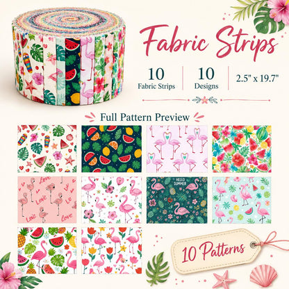 10Pc/Set, Making 10 Images 1pc Each, Each Size: 6.3*50cm Summer Watermelon Flamingo Series Sliced Fabric Set Style Combination, Polyester Jelly Roll Fabric Strips, Pre-Cut Quilting Squares, For Quilting DIY, Handicrafts And Sewing, Blankets, Rugs