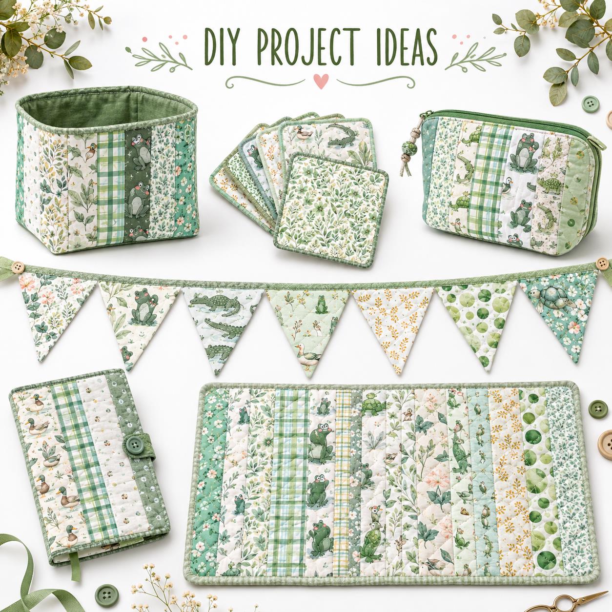 10Pc/Set, Making 10 Images 1pc Each, Each Size: 6.3*50cm Animal Frog Green Series Sliced Fabric Set Style Combination, Polyester Jelly Roll Fabric Strips, Pre-Cut Quilting Squares, For Quilting DIY, Handicrafts And Sewing, Blankets, Rugs