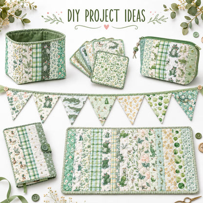 10Pc/Set, Making 10 Images 1pc Each, Each Size: 6.3*50cm Animal Frog Green Series Sliced Fabric Set Style Combination, Polyester Jelly Roll Fabric Strips, Pre-Cut Quilting Squares, For Quilting DIY, Handicrafts And Sewing, Blankets, Rugs