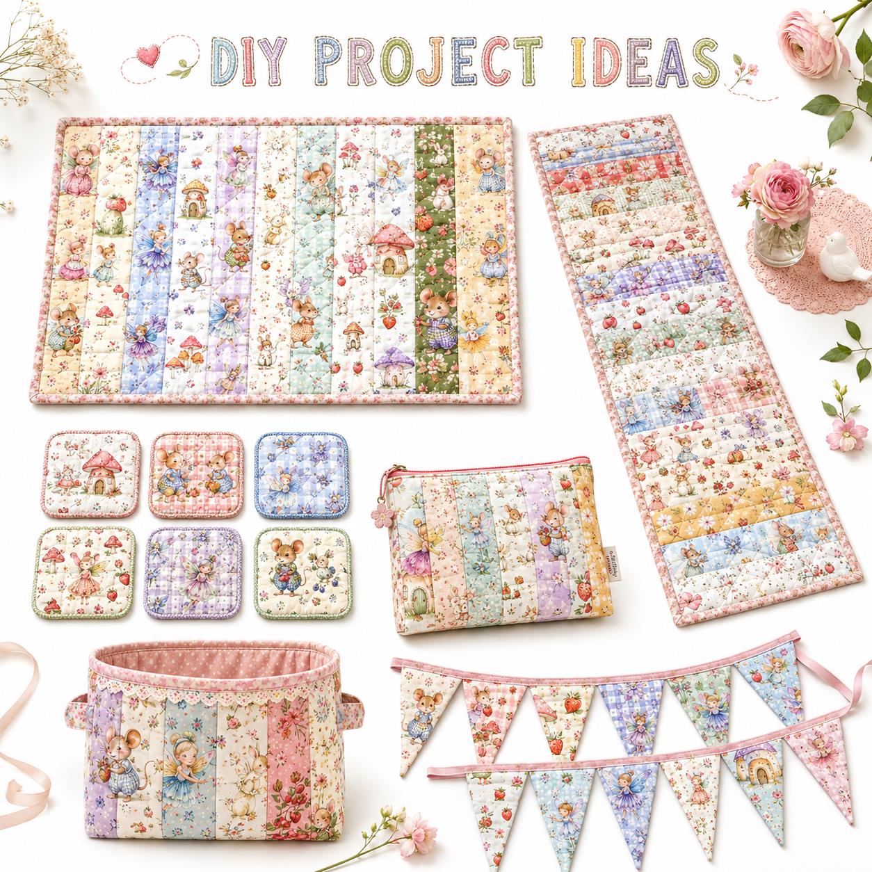 20pcs Vintage Mouse Fruit Jelly Roll Sliced Fabric Strips 2.5X19.7inch Pre-cut Fresh and Delicate Printed Multi-Color 100% Polyester for DIY Handmade Patchwork, Table Runners, Placemats, Tote Bags, Storage Pouches, Makeup Bags, Coasters, Quilt Blocks