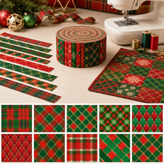 10pcs Vintage Plaid Christmas Red & Green Theme Jelly Roll Fabric Strips 2.5X19.7inch Pre-Cut 100% Polyester For Patchwork Quilts, Table Runners, Placemats, Tote Bags, Storage Pouches, Makeup Bags, Coasters, Quilt Blocks & Binding