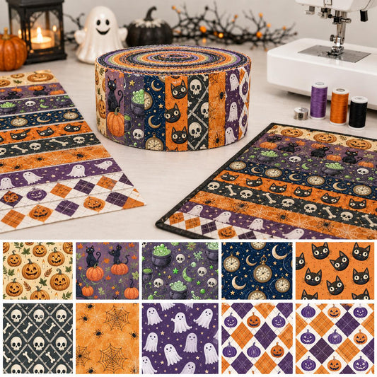 10pcs Vintage Pumpkin Bat Ghost Skull Halloween Theme Jelly Roll Fabric Strips 2.5X19.7inch Pre-Cut 100% Polyester For Patchwork Quilts, Table Runners, Placemats, Tote Bags, Storage Pouches, Makeup Bags, Coasters, Quilt Blocks & Binding