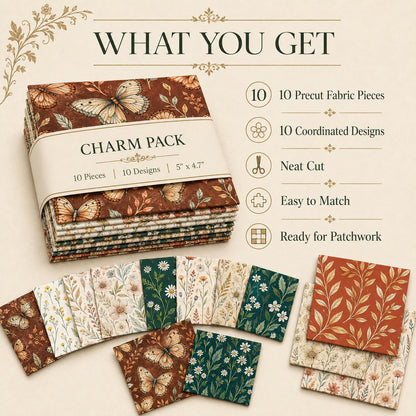 10pcs Charm Pack Set Floral Pattern 100% Polyester Patchwork in 10 Design Styles, Ready-to-Sew Without Cutting, Suitable For Patchwork Wallet Making Gift Giving Tote Bags Coasters DIY Craft Projects