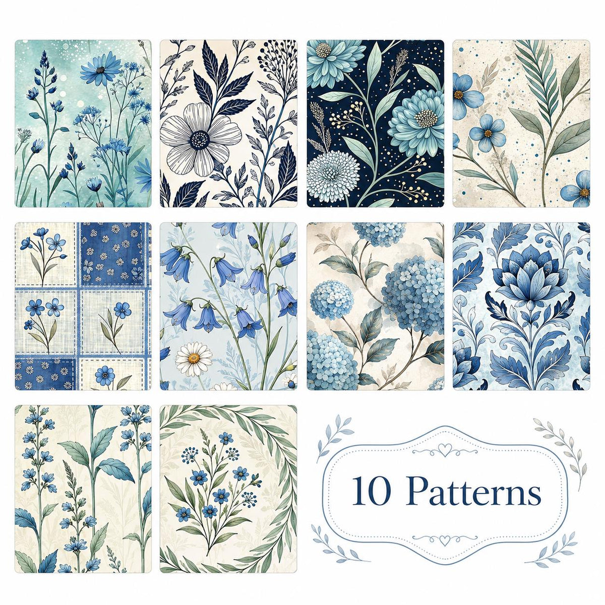 10pcs Vintage Blue Hydrangea Floral Pattern Jelly Roll Fabric Strips 2.5X19.7inch Pre-Cut 100% Polyester For Patchwork Quilts, Table Runners, Placemats, Tote Bags, Storage Pouches, Makeup Bags, Coasters, Quilt Blocks & Binding