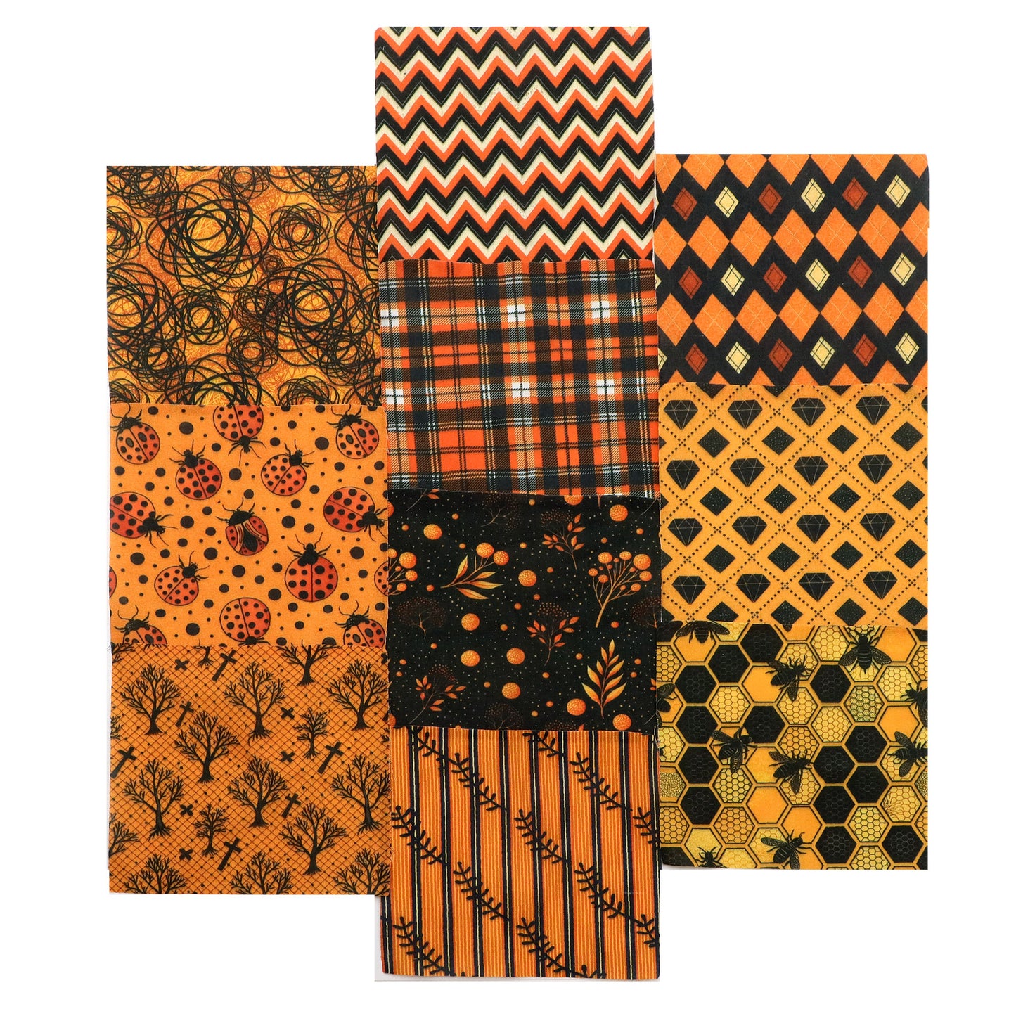 10Pc/Set Autumn Orange Series Ladybug Stripe Bee Dot Hexagon Fat Quarter Fabric, Pre-Cut Square Fabric Assort, Fabric Set, Craft Fabric, Handmade DIY Patchwork Fabric,Home Quilting Sewing Fabric, Packaging Fabric, Scrapbooking Craft Hobbyist
