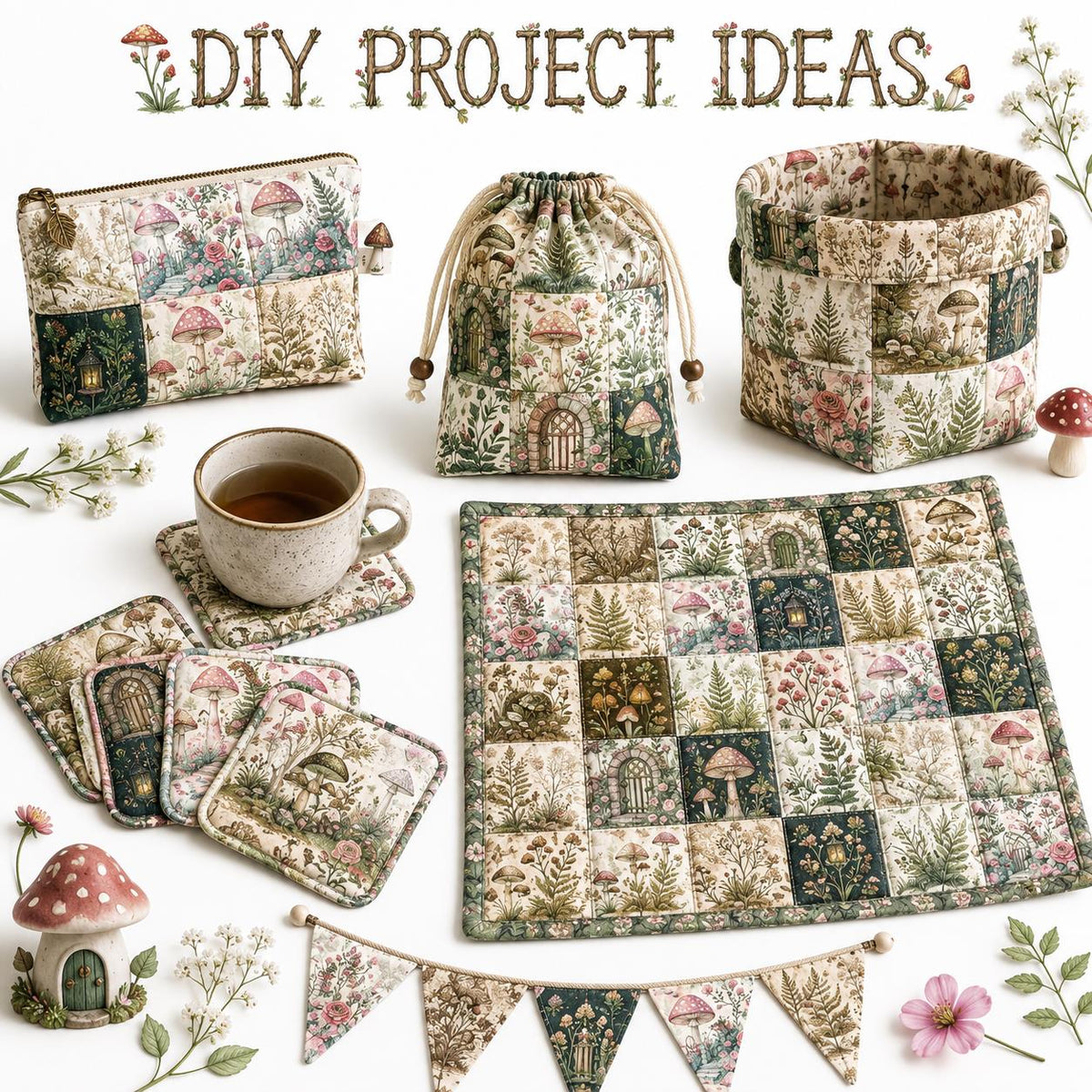 10pcs Charm Pack Set Mushroom Pattern 100% Polyester Patchwork in 10 Design Styles, Ready-to-Sew Without Cutting, Suitable For Patchwork Wallet Making Gift Giving Tote Bags Coasters DIY Craft Projects