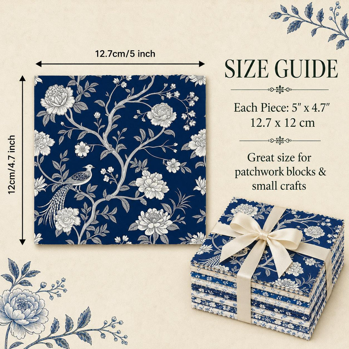 10Pc/Set Flower Blue Series Bird Leaves Fat Quarter Fabric, Pre-Cut Square Fabric Assort, Fabric Set, Craft Fabric, Handmade DIY Patchwork Fabric,Home Quilting Sewing Fabric, Packaging Fabric, Scrapbooking Craft Hobbyist