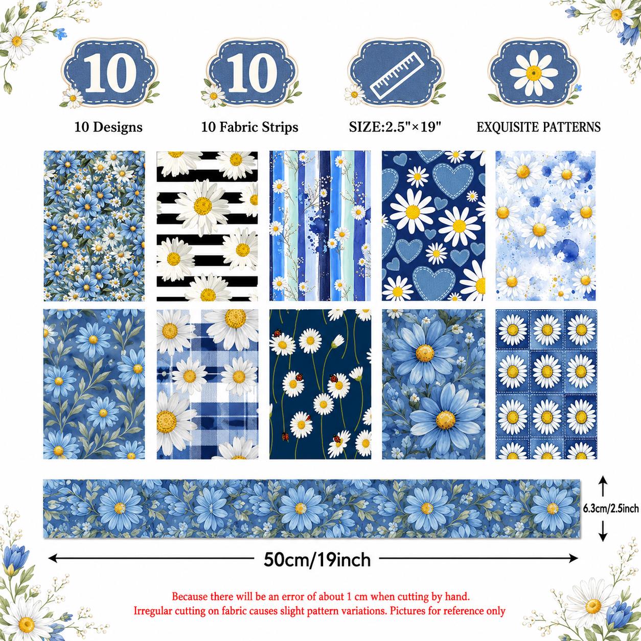 10pcs Vintage Daisy Floral Pattern Jelly Roll Fabric Strips 2.5X19.7inch Pre-cut 100% Polyester for Patchwork Quilts, Table Runners, Placemats, Tote Bags, Storage Pouches, Makeup Bags, Coasters, Quilt Blocks & Binding