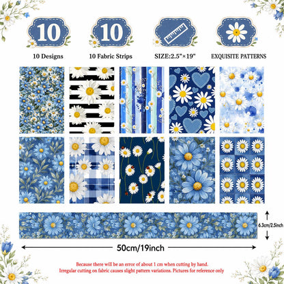 10pcs Vintage Daisy Floral Pattern Jelly Roll Fabric Strips 2.5X19.7inch Pre-cut 100% Polyester for Patchwork Quilts, Table Runners, Placemats, Tote Bags, Storage Pouches, Makeup Bags, Coasters, Quilt Blocks & Binding