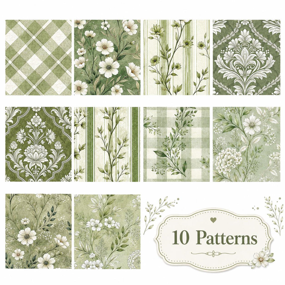 10pcs Vintage Green Floral Pattern Jelly Roll Fabric Strips 2.5X19.7inch Pre-Cut 100% Polyester For Patchwork Quilts, Table Runners, Placemats, Tote Bags, Storage Pouches, Makeup Bags, Coasters, Quilt Blocks & Binding