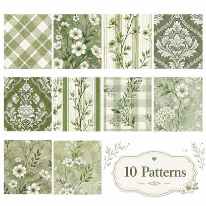 10pcs Vintage Green Floral Pattern Jelly Roll Fabric Strips 2.5X19.7inch Pre-Cut 100% Polyester For Patchwork Quilts, Table Runners, Placemats, Tote Bags, Storage Pouches, Makeup Bags, Coasters, Quilt Blocks & Binding