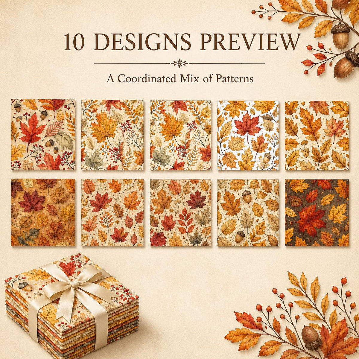 10Pc/Set Fall Autumn Series Maple Leaf  Pinecones Fat Quarter Fabric, Pre-Cut Square Fabric Assort, Fabric Set, Craft Fabric, Handmade DIY Patchwork Fabric,Home Quilting Sewing Fabric, Packaging Fabric, Scrapbooking Craft Hobbyist