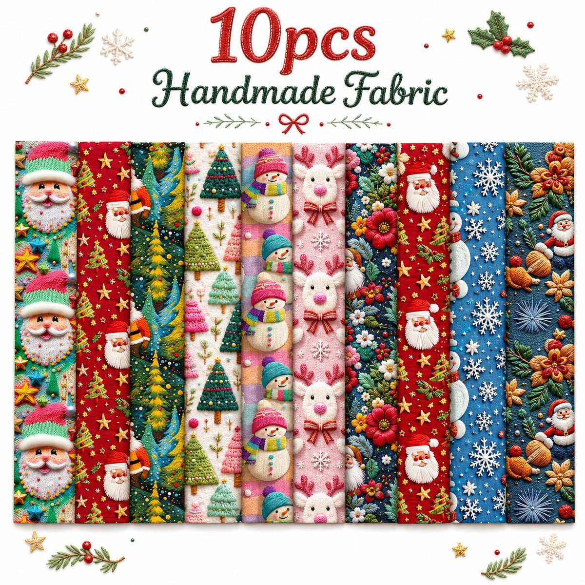 10pcs Vintage 2D Flat Christmas Santa Snowman Jelly Roll Fabric Strips 2.5X19.7inch Pre-cut 100% Polyester for Patchwork Quilts, Table Runners, Placemats, Tote Bags, Storage Pouches, Makeup Bags, Coasters, Quilt Blocks & Binding Multi-color