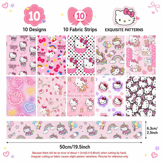10pcs Vintage Sanrio Hello Kitty Pattern Jelly Roll Fabric Strips 2.5X19.7inch Pre-cut for Patchwork Quilts, Table Runners, Placemats, Tote Bags, Storage Pouches, Makeup Bags, Coasters, Quilt Blocks & Binding