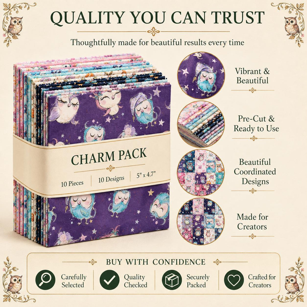 10Pc/Set Flower Owl Series Fat Quarter Fabric, Pre-Cut Square Fabric Assort, Fabric Set, Craft Fabric, Handmade DIY Patchwork Fabric,Home Quilting Sewing Fabric, Packaging Fabric, Scrapbooking Craft Hobbyist
