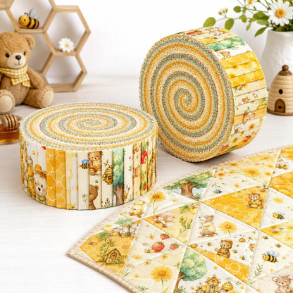 10Pc/Set, Making 10 Images 1pc Each, Each Size: 6.3*50cm Bear Honey Yellow Series Sliced Fabric Set Style Combination, Polyester Jelly Roll Fabric Strips, Pre-Cut Quilting Squares, For Quilting DIY, Handicrafts And Sewing, Blankets, Rugs