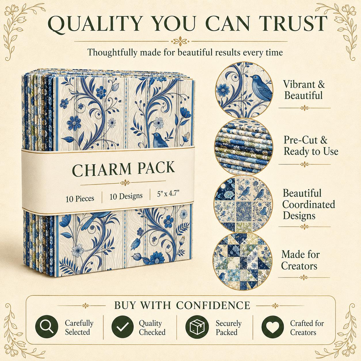10Pc/Set Blue Flower Bird Series Fat Quarter Fabric, Pre-Cut Square Fabric Assort, Fabric Set, Craft Fabric, Handmade DIY Patchwork Fabric,Home Quilting Sewing Fabric, Packaging Fabric, Scrapbooking Craft Hobbyist
