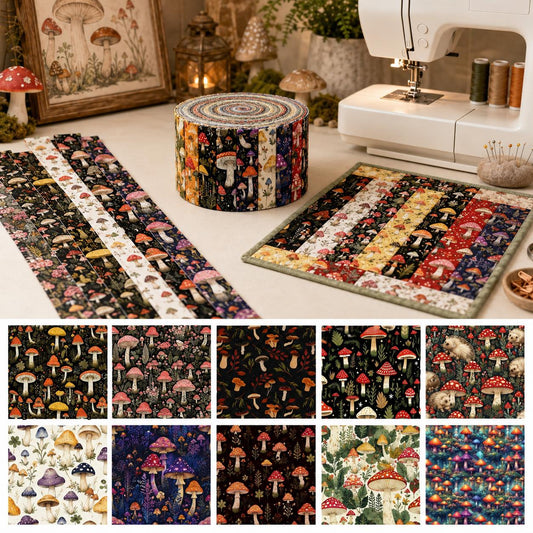 10pcs Vintage Mushroom Pattern Jelly Roll Fabric Strips 2.5X19.7inch Pre-Cut 100% Cotton For Patchwork Quilts, Table Runners, Placemats, Tote Bags, Storage Pouches, Makeup Bags, Coasters, Quilt Blocks & Binding