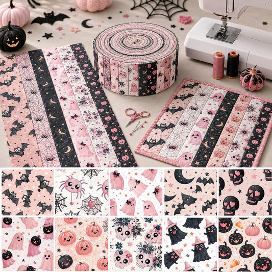 10pcs Vintage Ghost Skull Pumpkin Halloween Theme Jelly Roll Fabric Strips 2.5X19.7inch Pre-Cut 100% Polyester For Patchwork Quilts, Table Runners, Placemats, Tote Bags, Storage Pouches, Makeup Bags, Coasters, Quilt Blocks & Binding