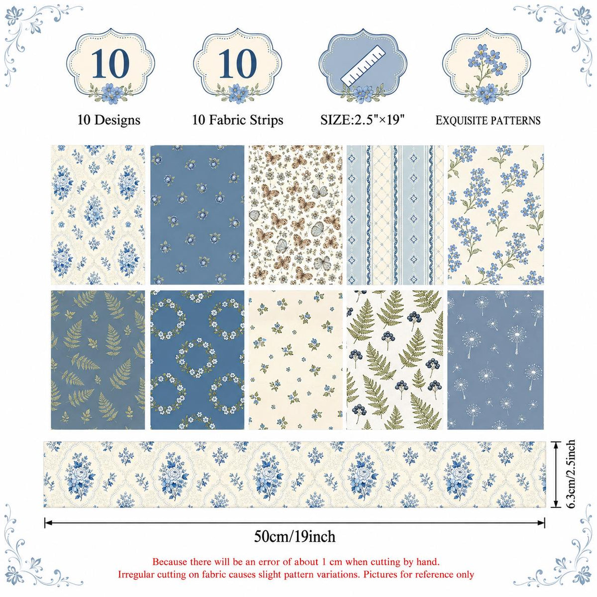 10pcs Vintage Floral Blue & White Pattern Purple Jelly Roll Fabric Strips 2.5X19.7inch Pre-cut 100% Polyester for Patchwork Quilts, Table Runners, Placemats, Tote Bags, Storage Pouches, Makeup Bags, Coasters, Quilt Blocks & Binding