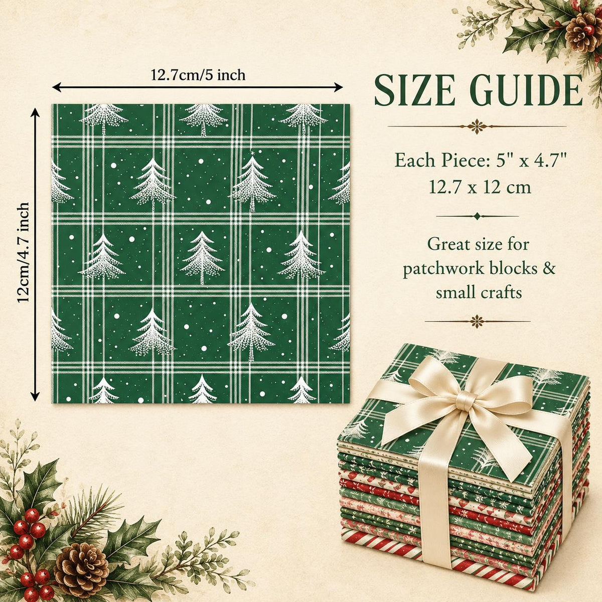 10Pc/Set Christmas Series Dot Stripe Plaid Tree Holly Crutch Fat Quarter Fabric, Pre-Cut Square Fabric Assort, Fabric Set, Craft Fabric, Handmade DIY Patchwork Fabric,Home Quilting Sewing Fabric, Packaging Fabric, Scrapbooking Craft Hobbyist