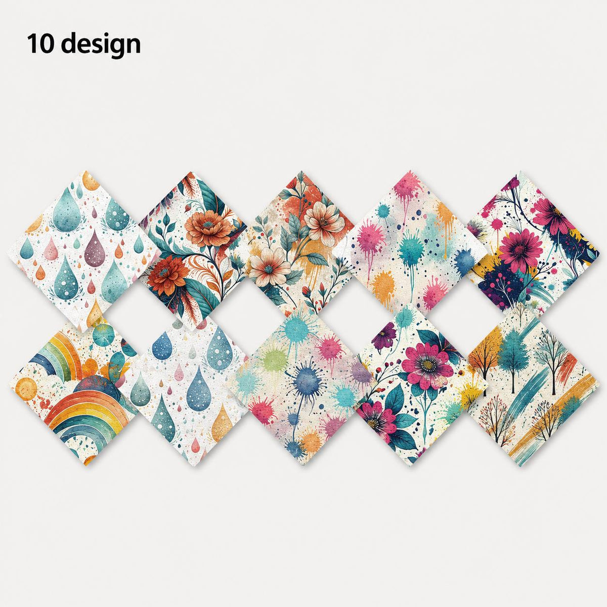 10pcs Charm Pack Set PaInt Splatter Floral Pattern 100% Polyester Patchwork in 10 Design Styles, Ready-To-Sew Without Cutting, Suitable For Patchwork Wallet Making Gift Giving Tote Bags Coasters DIY Craft Projects