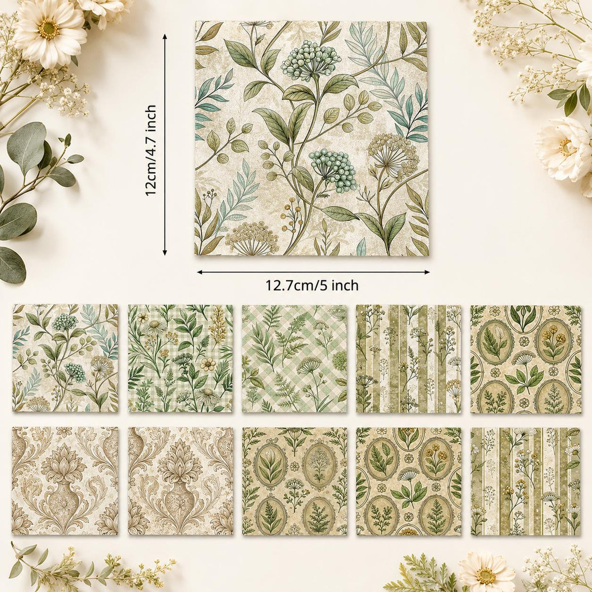 10pcs Charm Pack Set Green Floral Pattern 100% Polyester Patchwork in 10 Design Styles, Ready-to-Sew Without Cutting, Suitable For Patchwork Wallet Making Gift Giving Tote Bags Coasters DIY Craft Projects For Mother's Gift