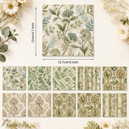 10pcs Charm Pack Set Green Floral Pattern 100% Polyester Patchwork in 10 Design Styles, Ready-to-Sew Without Cutting, Suitable For Patchwork Wallet Making Gift Giving Tote Bags Coasters DIY Craft Projects For Mother's Gift