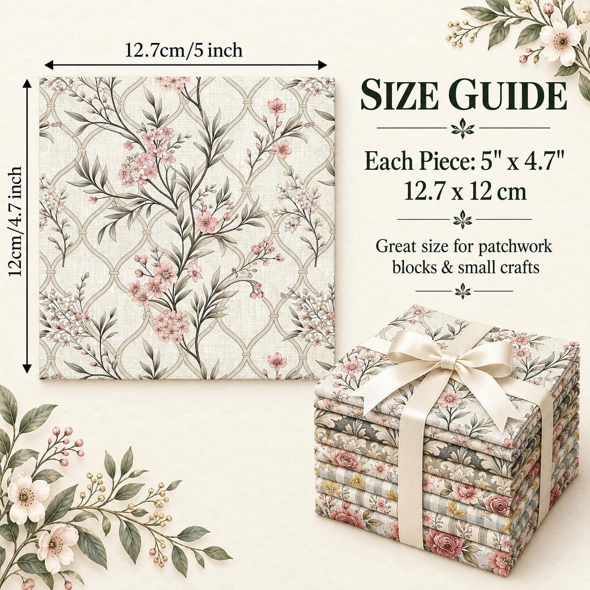 10Pc/Set Flower Series Stripe Plaid Fat Quarter Fabric, Pre-Cut Square Fabric Assort, Fabric Set, Craft Fabric, Handmade DIY Patchwork Fabric,Home Quilting Sewing Fabric, Packaging Fabric, Scrapbooking Craft Hobbyist
