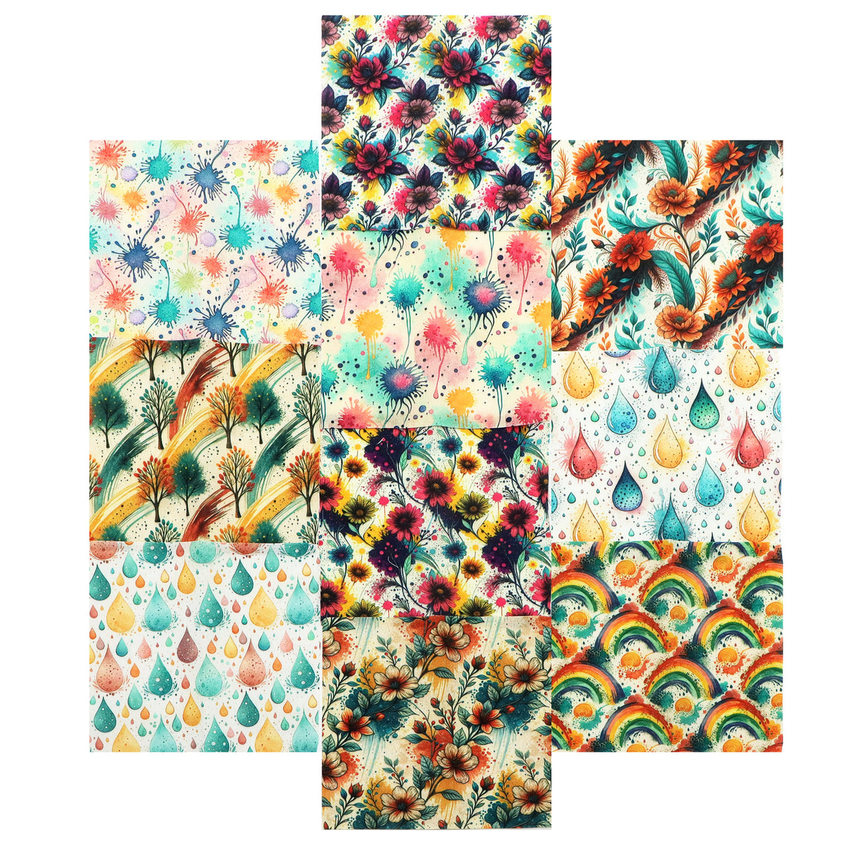 10pcs Charm Pack Set PaInt Splatter Floral Pattern 100% Polyester Patchwork in 10 Design Styles, Ready-To-Sew Without Cutting, Suitable For Patchwork Wallet Making Gift Giving Tote Bags Coasters DIY Craft Projects