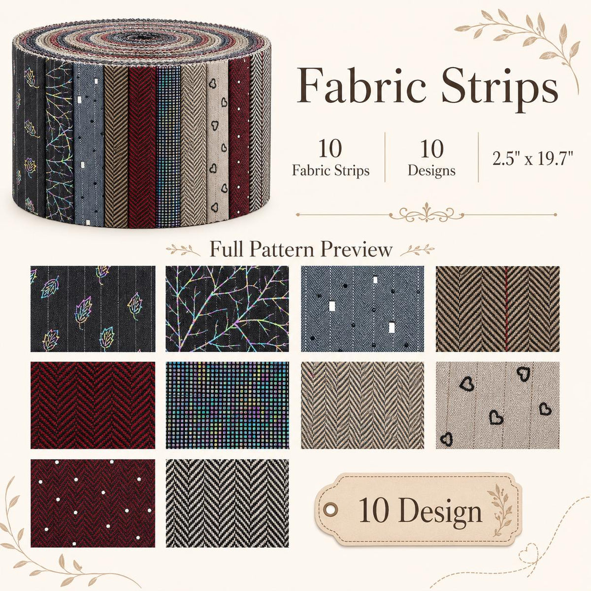 10pcs Vintage Plain Solid Pattern Jelly Roll Fabric Strips 2.5X19.7inch Pre-cut 100% Polyester for Patchwork Quilts, Table Runners, Placemats, Tote Bags, Storage Pouches, Makeup Bags, Coasters, Quilt Blocks & Binding Multi-color