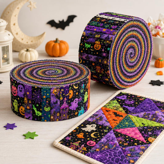 10pcs Vintage Ghost Pumpkin Green & Purple Halloween Theme Jelly Roll Fabric Strips 2.5X19.7inch Pre-Cut 100% Polyester For Patchwork Quilts, Table Runners, Placemats, Tote Bags, Storage Pouches, Makeup Bags, Coasters, Quilt Blocks & Binding