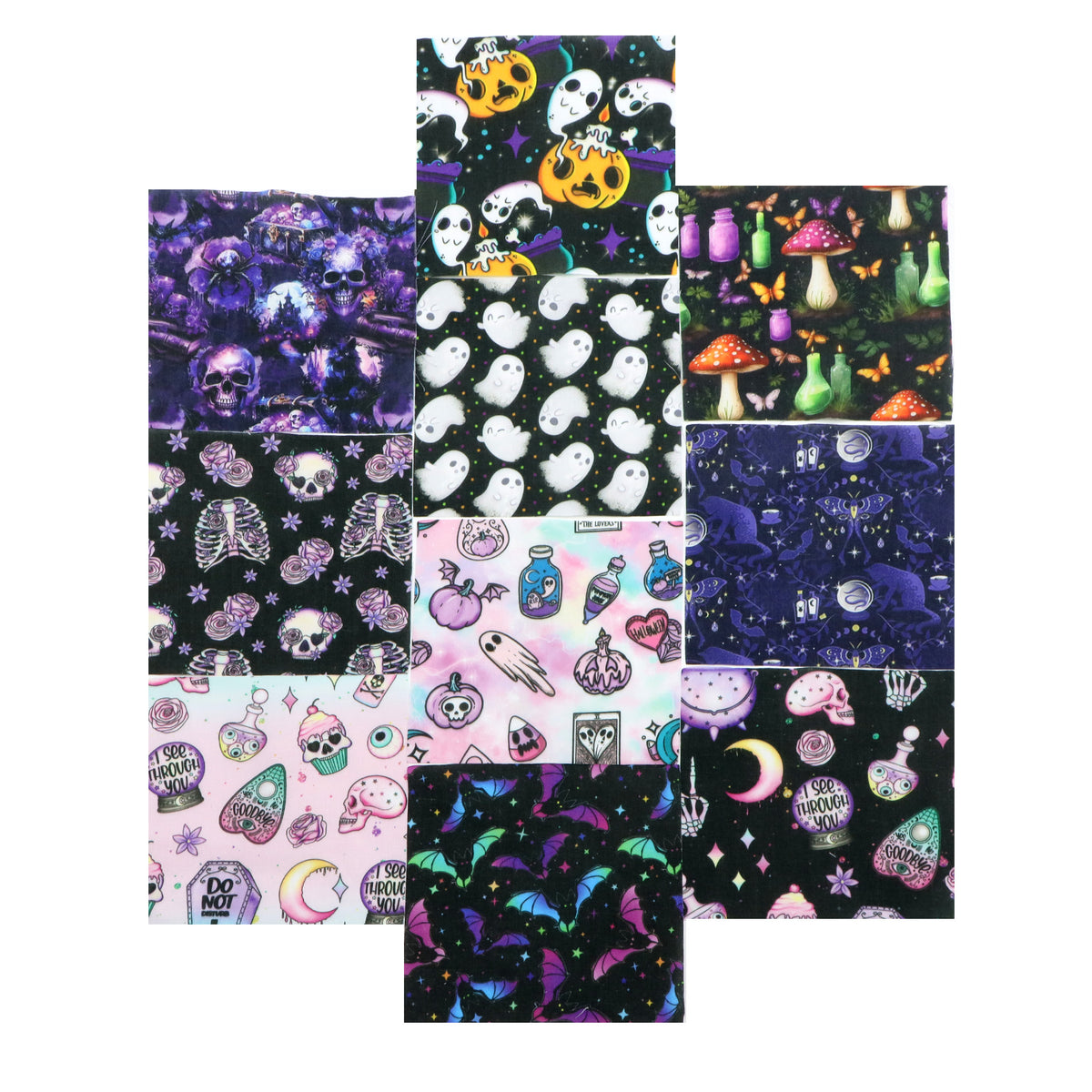 10Pc/Set Halloween Series Butterfly Heart Skull Pumpkin Cat Mushroom Rose Bat Fat Quarter Fabric, Pre-Cut Square Fabric Assort, Fabric Set, Craft Fabric, Handmade DIY Patchwork Fabric,Home Quilting Sewing Fabric, Packaging Fabric, Scrapbooking Craft Hobby
