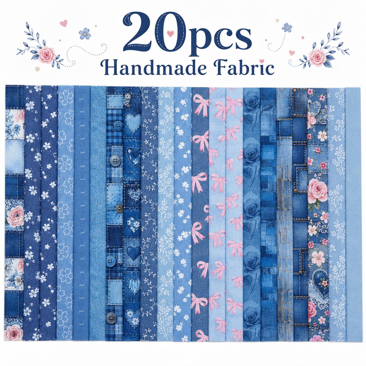 20pcs Vintage Denim Pattern Blue Series Jelly Roll Sliced Fabric Strips 2.5X19.7inch Pre-Cut Floral Bow Knot Printed Multi-Color 100% Polyester For DIY Handmade Patchwork, Table Runners, Placemats, Tote Bags, Storage Pouches, Makeup Bags, Coasters