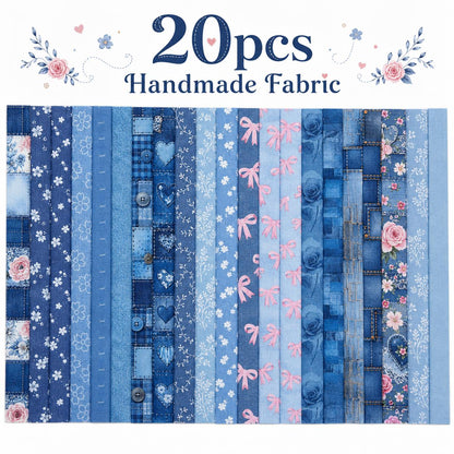 20pcs Vintage Denim Pattern Blue Series Jelly Roll Sliced Fabric Strips 2.5X19.7inch Pre-Cut Floral Bow Knot Printed Multi-Color 100% Polyester For DIY Handmade Patchwork, Table Runners, Placemats, Tote Bags, Storage Pouches, Makeup Bags, Coasters