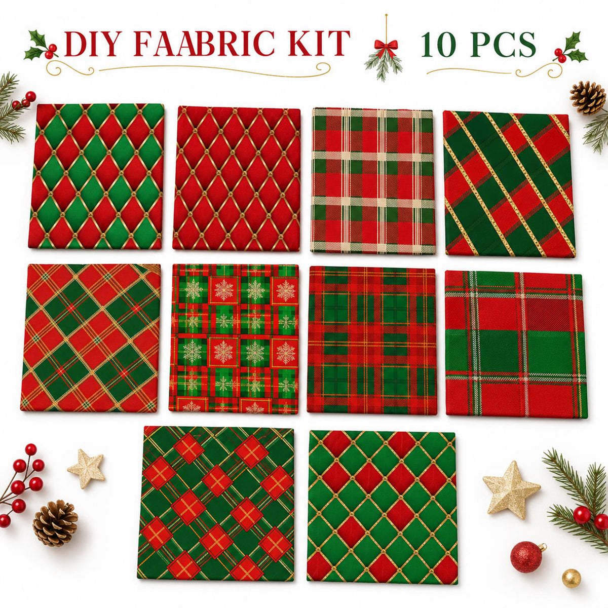 10Pc/Set Christmas Series Plaid Rhombus Fat Quarter Fabric, Pre-Cut Square Fabric Assort, Fabric Set, Craft Fabric, Handmade DIY Patchwork Fabric,Home Quilting Sewing Fabric, Packaging Fabric, Scrapbooking Craft Hobbyist